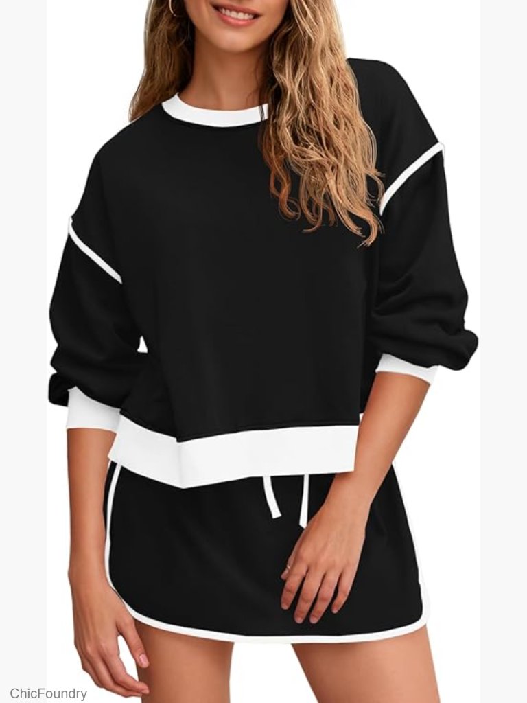 2 Piece Sweatsuit Set Crewneck & High Waisted Skort Activewear